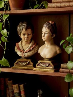 Vintage Chalkware Boy & Girl Bust Bookends - Hand-Painted Victorian Style